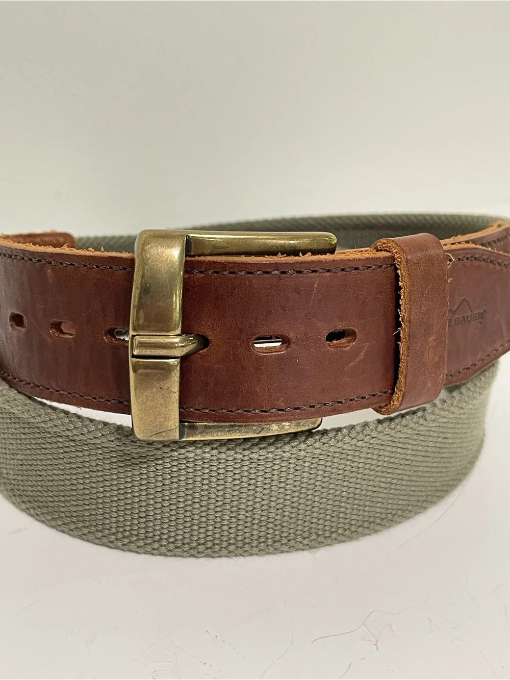 Vintage Eddie Bauer Khaki Canvas Belt Brown Leather Trim Preppy Neutral Men 40